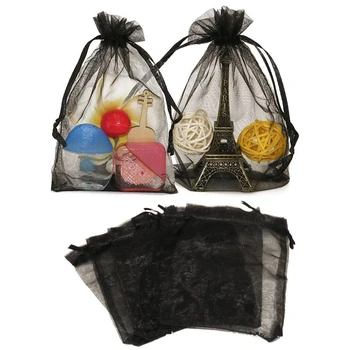 100 peças 7x9 9x12 10x15 13x18 15x20CM preto saco de organza pullable de jóias de embalagem de saco festa de casamento saco do presente