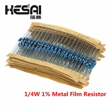 100PCS/Set 1/4W Resistência de 1% de resistores de Filme de Metal Pack Kit Sortido de 1K 2K 4.7 K 10K 100K 220K 220ohm 330ohm 680ohm 1M Resistores