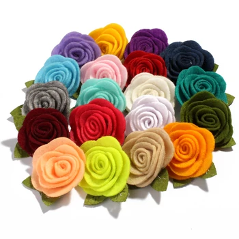 10PCS 5CM Sentiram falsos tecidos Flor de Tecido Com Folhas Verdes Para a Cabeça Rolou Bonito Cabelo de Rosa Flores Para Acessórios