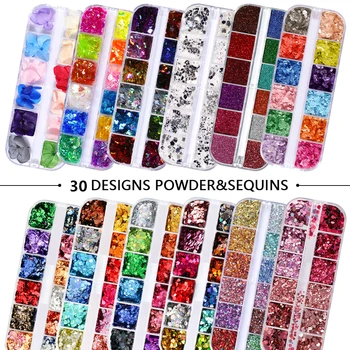 12 Grades/Set de tamanho Misto de Unhas de Glitter Flocos 3D Lantejoulas Paillette Pó Charme a Decoração da Arte do Prego ferramentas de Manicure CT01-20