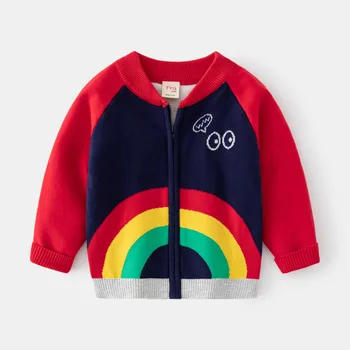2-8T Infantil Criança Suéter de Meninas Casaquinho de Roupas de Inverno Zíper Long Sleeve Top de Malha de Impressão de arco-íris Malhas Casaco Infantil Camisola
