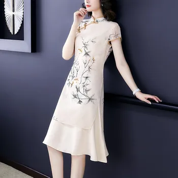 2021 Cheongsam Mulheres Curto De Seda Qipao Chinês Vestido De Qi Pao Festa Vintage Ao Dai Elegante Vestido Floral Impressão Cheongsam Vestidos