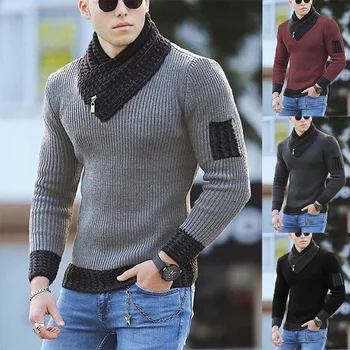 2021 Europeu-Americano de Manga Longa Cachecol Gola Bloco de Cores da Camisola masculina Outono Inverno Casual Slim Suéter de Malha Camisolas