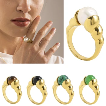 2021 Nova Moda de Pedra Natural de Pérola Anéis para as Mulheres Removível Contas Redondas de Ouro Vintage Cor Croissant Anel de Jóias de Moda