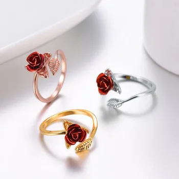 2021 NOVA Tendência Mulheres Anel Vermelho do Jardim de Rosas, Flor de Folhas de Abrir o Anel de Redimensionável Anéis de Dedo Para as Mulheres Presente do Dia dos Namorados Jóias