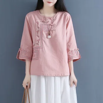 2021 Primavera Verão Retrô Botão de Algodão e de Linho, Camisa de Mulheres Chinesas em torno do Pescoço Bordado Camisa Zen Serviço de Chá Tops