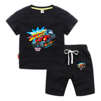 2021 Verão de Bebê, Roupas de desenho animado explosão de Velocidade de Carros Monstro Máquinas Filhos Menina de Manga Curta T-Shirt+Shorts 2PCS Terno