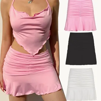 2021 Verão Sexy 90 Mini-Saia Senhora da Moda Y2K de Verão, moda praia rosa Saias Mauricinho Estilo Ruched Saias Plissadas Mulher de Cintura Alta
