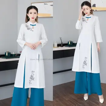 2022 aodai melhoria do vietnã cheongsam chinês com estampa floral do vestido+calça conjuntos de mulher tradicional vintage ao dai elegante vestido de festa