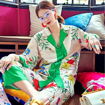 2022 de Cetim de Seda Vintage Verde Impresso Pijama Conjunto de Loungewear Pijamas para Mulheres 2 Pedaços de Manga Longa Solta Luxo de Dormir