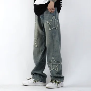 2022 DHSS China-Chic cinco estrelas patch de jeans, calças de brim dos homens para os homens e mulheres de lavagem de alta street wear hiphop reta calças soltas