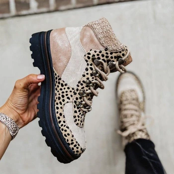 2022 Inverno Tornozelo Botas para Mulheres Retro Leopard Bottine Laço Redondo Toe Plataforma Quente e Confortável, Mulheres Sapatos Botas De Mulher