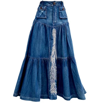 2022 mola vintage bordado da saia do denim das mulheres de cintura alta de uma linha slim grande oscilação de tornozelo comprimento de saia jeans