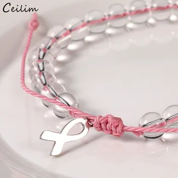 2022 Nova Conscientização do Câncer de Mama Pulseira cor-de-Rosa para as Mulheres de Cadeia do Aço Inoxidável da Fita Charme Vidro Bracelete do Grânulo Desejo da Jóia