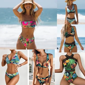 2022 Nova cor-de-Rosa Deixa Impresso Cintura Baixa Duas Peças Biquini Maiô Feminino Mulheres Beachwear trajes de Banho roupa de Banho micro bikini