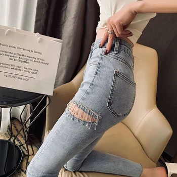 2022 Nova moda Primavera-Verão de Moda Streetwear Coxa Diamantes de Corte do Pendão Jeans Skinny Mulheres de Jeans, Calças KZ566