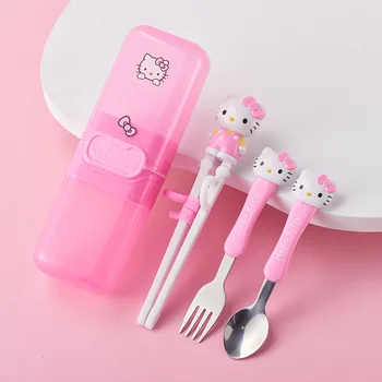 2022 Novo Kawaii Sanrioed Hello Kitty Aprendizagem de Crianças Pauzinhos Colher Garfo Conjunto de Talheres de Aço Inoxidável Brinquedos para Meninas
