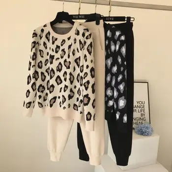 2022 outono e inverno nova estampa de leopardo camisola de manga comprida, gola redonda, de malha, pulôver blusa simples, pé de calças de terno