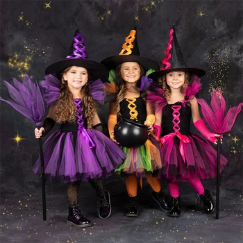 2022 Traje de Halloween Para Crianças Meninas Tutu Vestido de Cosplay Fantasia de Bruxa para Crianças, Festa de Natal Roupa Festival Show Dress Up