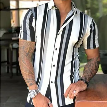 2022 Verão Europeu E Americano Rua Moda masculina a Faixa de Impressão Casual Manga Curta Camisa Tendência de Lapela Cardigan