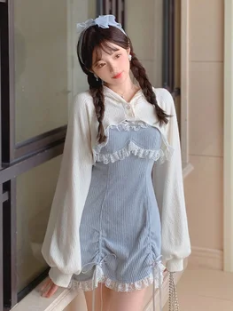 2022 Verão Japonês De Renda Sweet Fairy Dress Mulheres Azul Princesa Coreano Vestidos De Moda Feminina Arco-De-Rosa Kawaii Mini Vestidos De Festa
