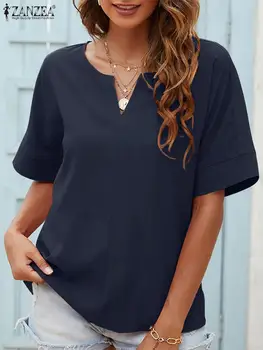 2022 ZANZEA Moda Sólido Blusas Mulheres de Verão, o Decote em V Meia Manga Camisas Casuais Solta Férias de Praia, Tops Túnica de grandes dimensões Camisa