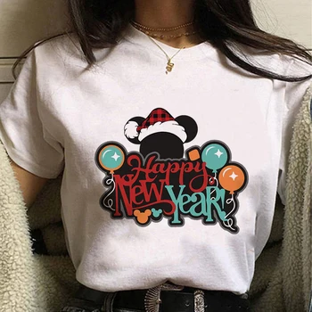 2023 Disney Feliz Ano Novo Mickey T-Shirt Mulher Manga Curta Moda Festa de Família Roupas Tops Harajuku Tendência Feminina T-shirts