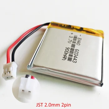 3,7 V 900mAh Bateria Com TJS 2.0 mm 2 pinos Conector de Polímero de Lítio Li-Po Bateria Recarregável 603443 Célula Para Mp3, GPS, PSP alto-Falante