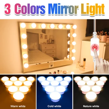 3 Cores LED de Hollywood Espelho de Maquilhagem Lâmpada de Parede de USB do DIODO emissor de Luz de Toque de Vaidade Bulbo 5V o LED de Banho penteadeira Espelho Com Luz
