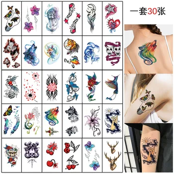 30PCS Colorido Lobo Borboleta Impermeável Tatuagens Temporárias para os Homens, as Mulheres Braço do Corpo de Pulso Falso Tatto Adesivos de Animais Cintura Tatoos