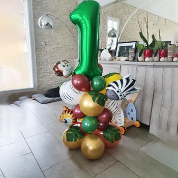 35pcs Safari da Selva Animal de Partido Balões Verdes Digital Balão de Crianças 1 2 3 4 5 6 7 8 Anos, Festa de Aniversário, Decoração de Globos