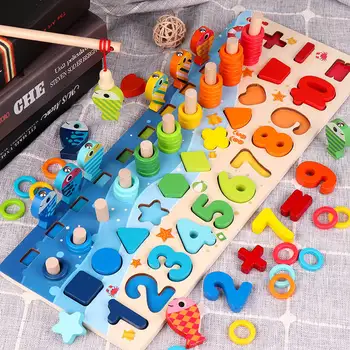 3D crianças do jardim de infância brinquedos educativos de madeira Montessori aritmética de pesca magnética digital de forma correspondente bloco de construção de brinquedos