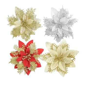 5/10PCS Natal de Brilho Artificial bicos-de-Flores Artificiais Árvore de Natal Decoração Para Festa em Casa De 2023 Navidad Ano Novo Ornamento
