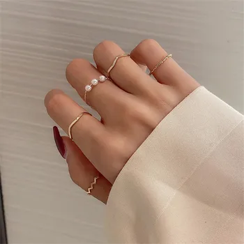 5 Pcs/Set Simples de Moda, o Padrão de Onda Conjunto de anéis para as Mulheres, a Tendência de Personalidade Pérola do Metal Multilayer Anel Estilo coreano Jóias de Presente