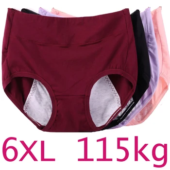 6XL 115kg Plus Size Mulheres Gordas Fisiológicas Cueca Menstrual e à Prova de Vazamento de Puro Algodão, Cintura Alta Sanitária Lingerie Calcinha