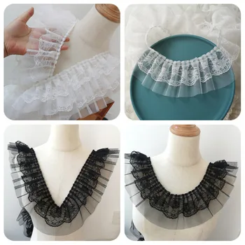 8cm de largura macio dupla camada de malha bordado laço plissado DIY crianças roupas de Lolita puffy bolo saia de corpo de costura, artesanato decoração