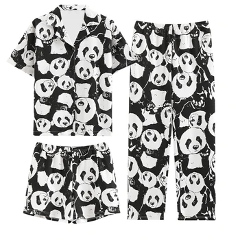 A coleção primavera / Verão das Mulheres Pijamas de Algodão de 3 Conjuntos de peças com decote em V Moda Respirável Legal Panda Impressão Homewear Outono Simples Loungewear