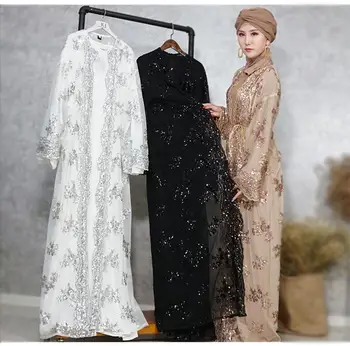Abaya Mulheres Muçulmanas Cardigan Longo Vestido Maxi Abrir Manto Kaftan Dubai Jilbab Rendas Bordados De Paetês Islâmica Quimono Turquia Médio Ea