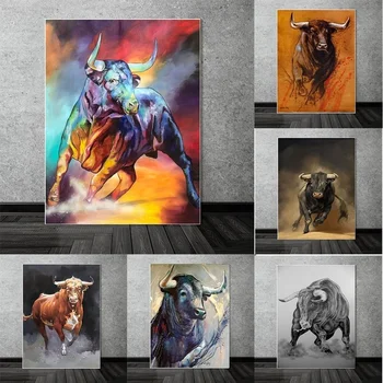 Abstrato Colorido Bull Animal Moderna Tela de Pintura de Cartazes e Impressões de Arte de Parede Imagens para a Sala de Decoração de Casa de Cuadros