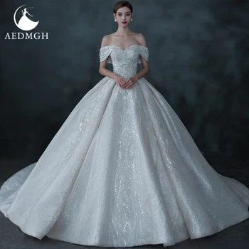 Aedmgh Bola Vestido De Casamento De Luxo Vestidos De 2022 Namorada Fora Do Ombro Vestido De Noiva De Renda Com Cercadura De Lantejoulas Brilhante Manto De Mariee