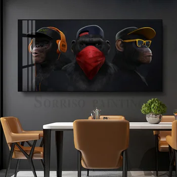 Animal engraçado Gorila Imagens de Lona Pinturas a Óleo Arte de Parede Cartazes 3 Macacos Sábios de Lona Imprime para a Sala de Decoração de Parede