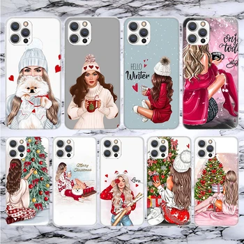 Arte de natal Meninas Café Soft Phone Case Para iPhone 13 12 11 Mini Pro Max X XR XS 7 e 8 6 6 5 5 ANOS SE 2020 14 7G Padrão de Cov