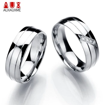 Auxauxme Branca Brilhante Zircão Amante Anéis de Noivado de Titânio de Aço Inoxidável do Anel de Casamento para o Casal de Namorados Presentes