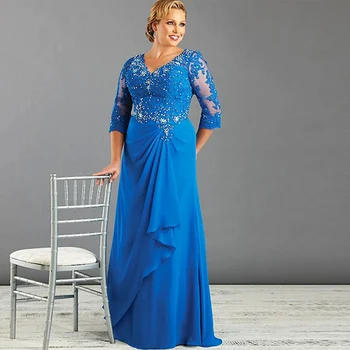Azul elegante Chiffon Mangas 3/4 Plus Size Mãe da Noiva Vestido Clássico com Decote em V Apliques de Mãe do Vestido de Noiva para o Casamento