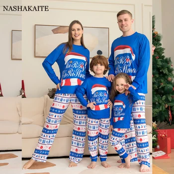 Azul Natal da Família de Correspondência de Pijama Conjunto de Pai, a Mãe natal das Crianças chapéu de Impressão Roupas Macacão de Bebê de Família de Presente de Natal