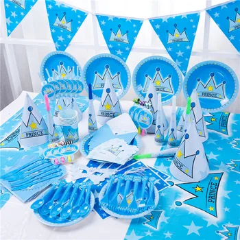 Azul Príncipe Da Coroa Menino Crianças Da Festa De Aniversário De Suprimentos Decoração Talheres Descartáveis De Papel Placas Copa Canudos Menino, Chá De Bebê Decoração