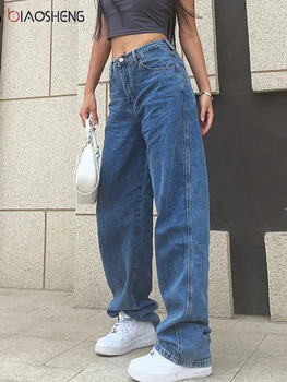 Baggy Jeans Mulher De Cintura Alta Mom Calças De Brim Do Denim De Perna Reta Calças Soltas Big Long Casual Calças Amplas Azul Lavado Streetwear