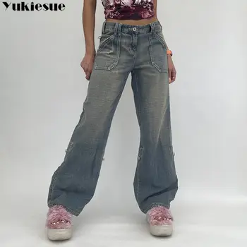 Baggy Jeans Mãe calças de Brim das Mulheres de Cintura Alta Vintage Carga de grandes dimensões Calças Casuais Streetwear Harajuku Reta wide Leg Jeans Femme