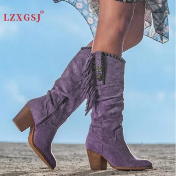 Botas De Cowboy Mulheres Sapatos De Joelho Alto Botas De Salto De Cunha Borlas Ocidental Livrar Marrom Roxo Longas Botas Outono Inverno Bota Feminina