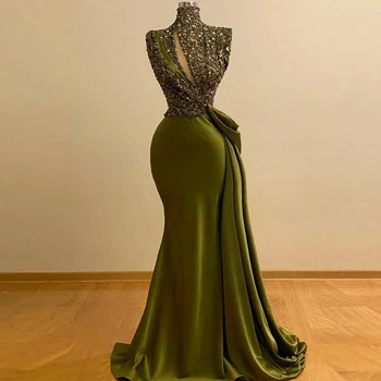 Brilhante Verde Lantejoulas de Gola Alta Superior Sereia Vestidos de Noite Sleevesles Formal Vestidos de Baile árabe فساتين السهرة vestes de soirée